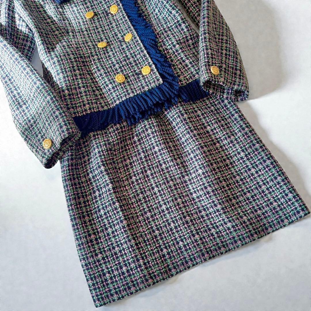 ミックスツイード　バブリースーツ　フリンジ　金ボタン　日本製