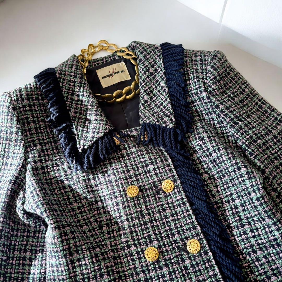 ミックスツイード　バブリースーツ　フリンジ　金ボタン　日本製