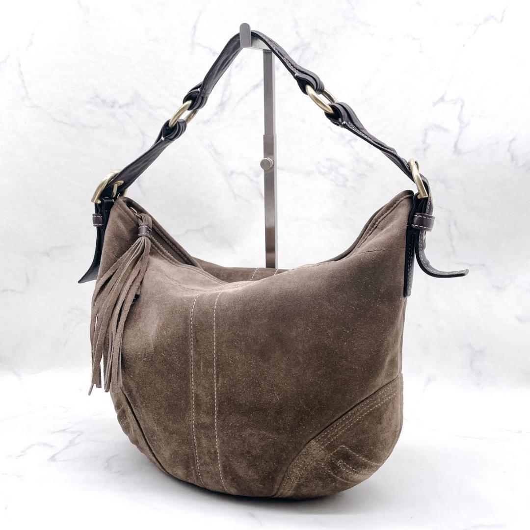 コーチ ホーボー ワンショルダーバッグ ハーフムーン スエード レザー ブラウン