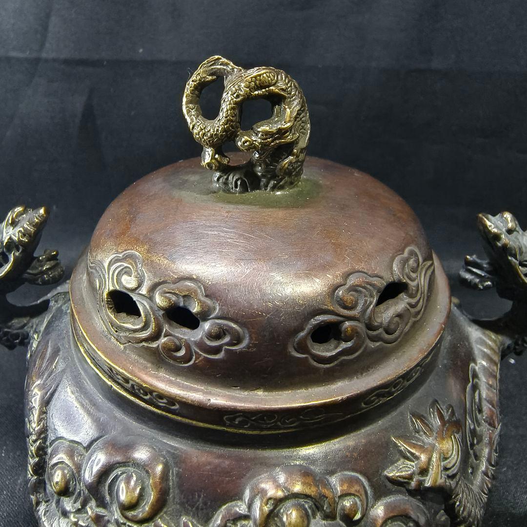 古銅香炉 佐渡名人『本間琢斎』造 双龍文 龍摘 コレクター放出美品 骨董 古美術