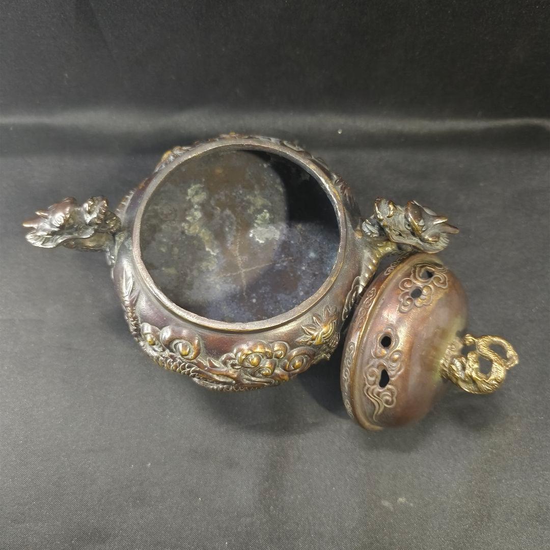 古銅香炉 佐渡名人『本間琢斎』造 双龍文 龍摘 コレクター放出美品 骨董 古美術