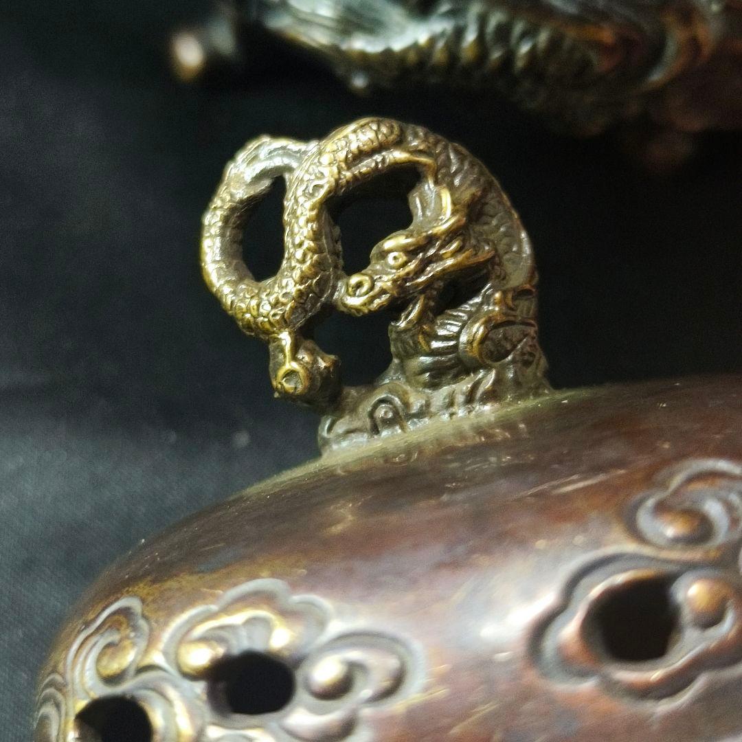 古銅香炉 佐渡名人『本間琢斎』造 双龍文 龍摘 コレクター放出美品 骨董 古美術