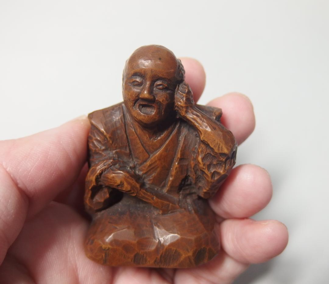 木彫義太夫置物/正次銘/置根付/提げ物