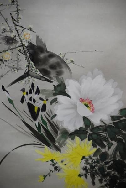 真作/誠/四季草花/桐共箱付/布袋屋掛軸HC-400