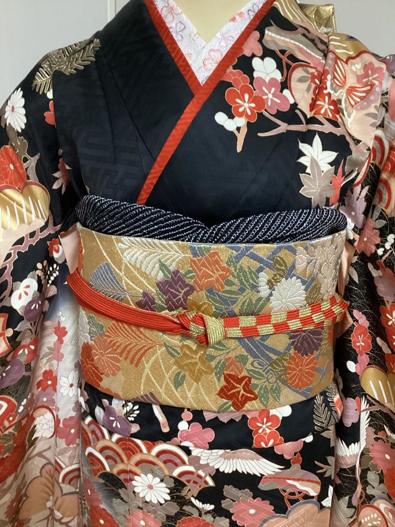 黒地に古典柄の正絹振袖コーディネートセット 長襦袢　フルセット 身丈155