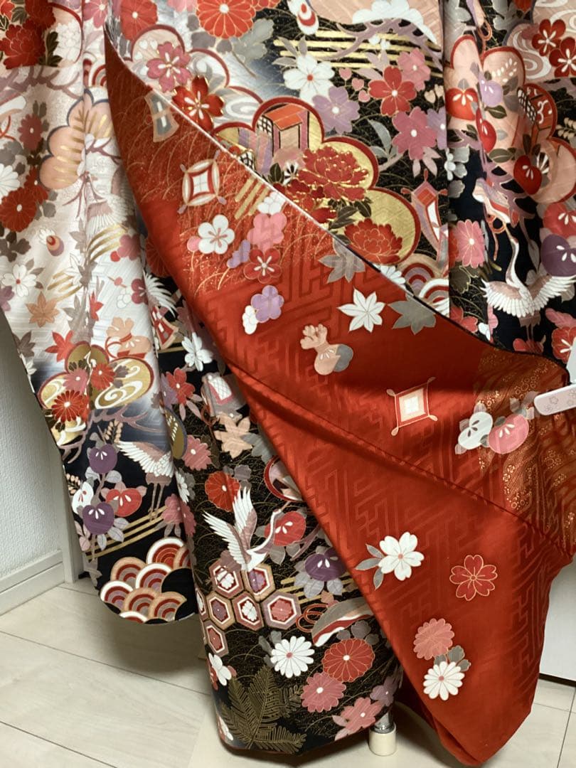 黒地に古典柄の正絹振袖コーディネートセット 長襦袢　フルセット 身丈155