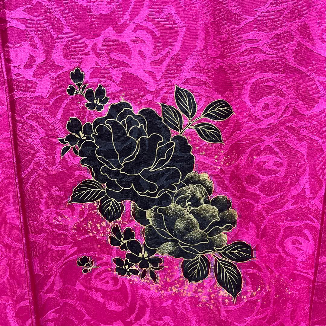 振袖　正絹　成人式　ローズピンク　黒薔薇　ばら