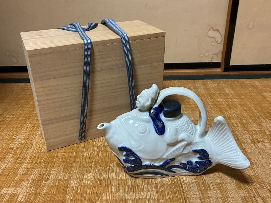 茶道具 白磁 魚型 陶器 手付き 急須 水柱 木箱付 中国美術？
