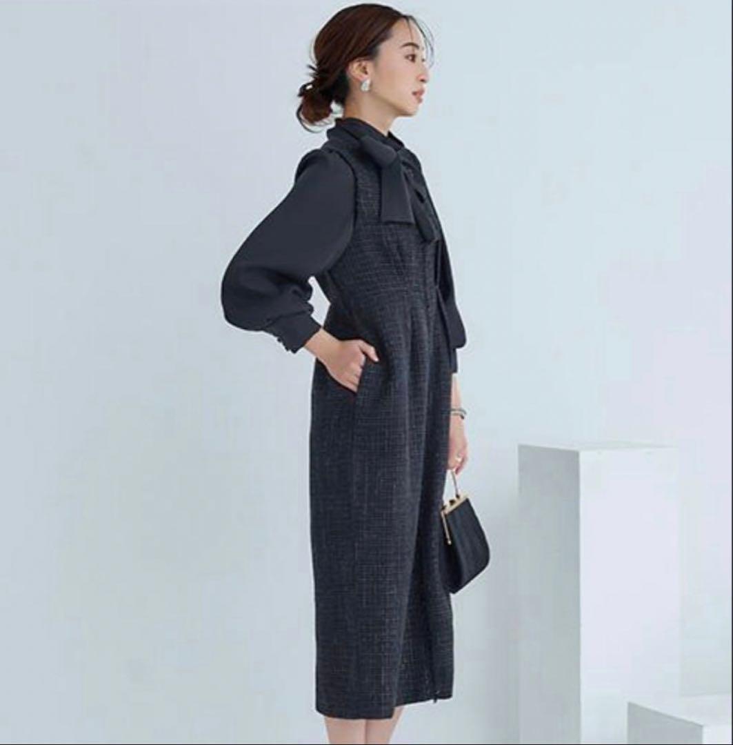 ルイルエブティック ワンピース ツイード ボウタイ リボン 黒 M