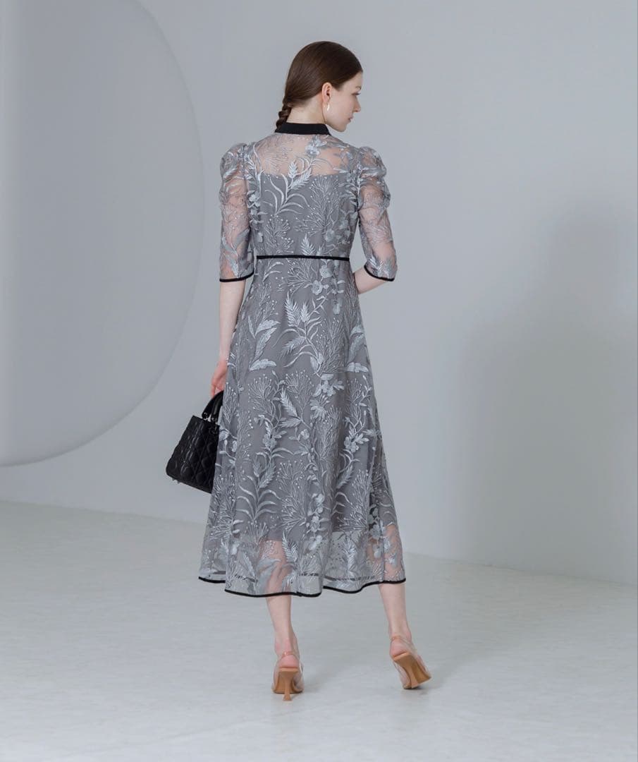 LEJA 花柄　刺繍　レース　チュール　パフスリーブ　ロング　ドレス　ブルー　S