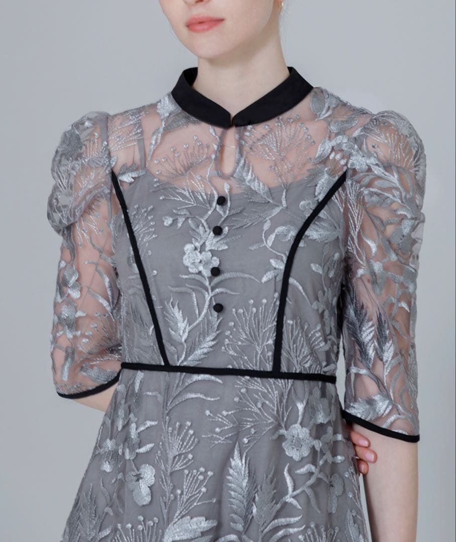 LEJA 花柄　刺繍　レース　チュール　パフスリーブ　ロング　ドレス　ブルー　S