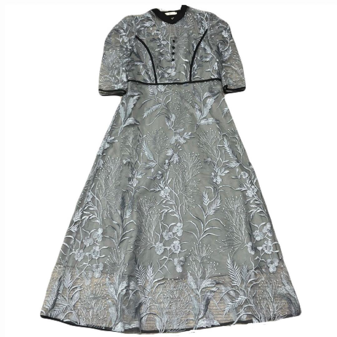 LEJA 花柄　刺繍　レース　チュール　パフスリーブ　ロング　ドレス　ブルー　S