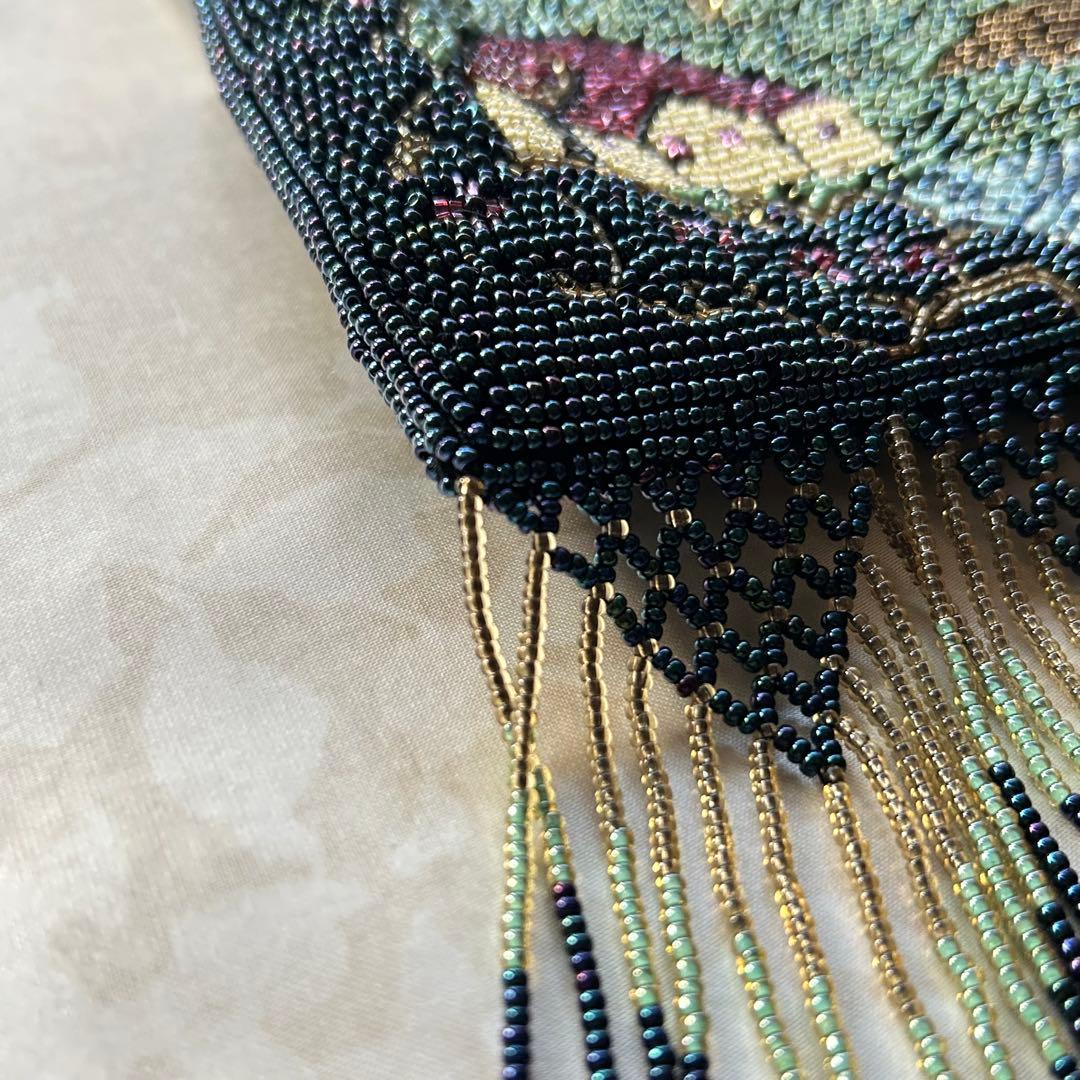 ビーズ刺繍 夜空　お城　ゴールドチェーンショルダーバッグ　フリンジ