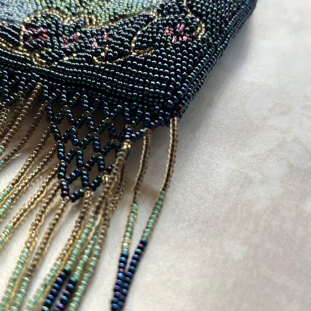 ビーズ刺繍 夜空　お城　ゴールドチェーンショルダーバッグ　フリンジ