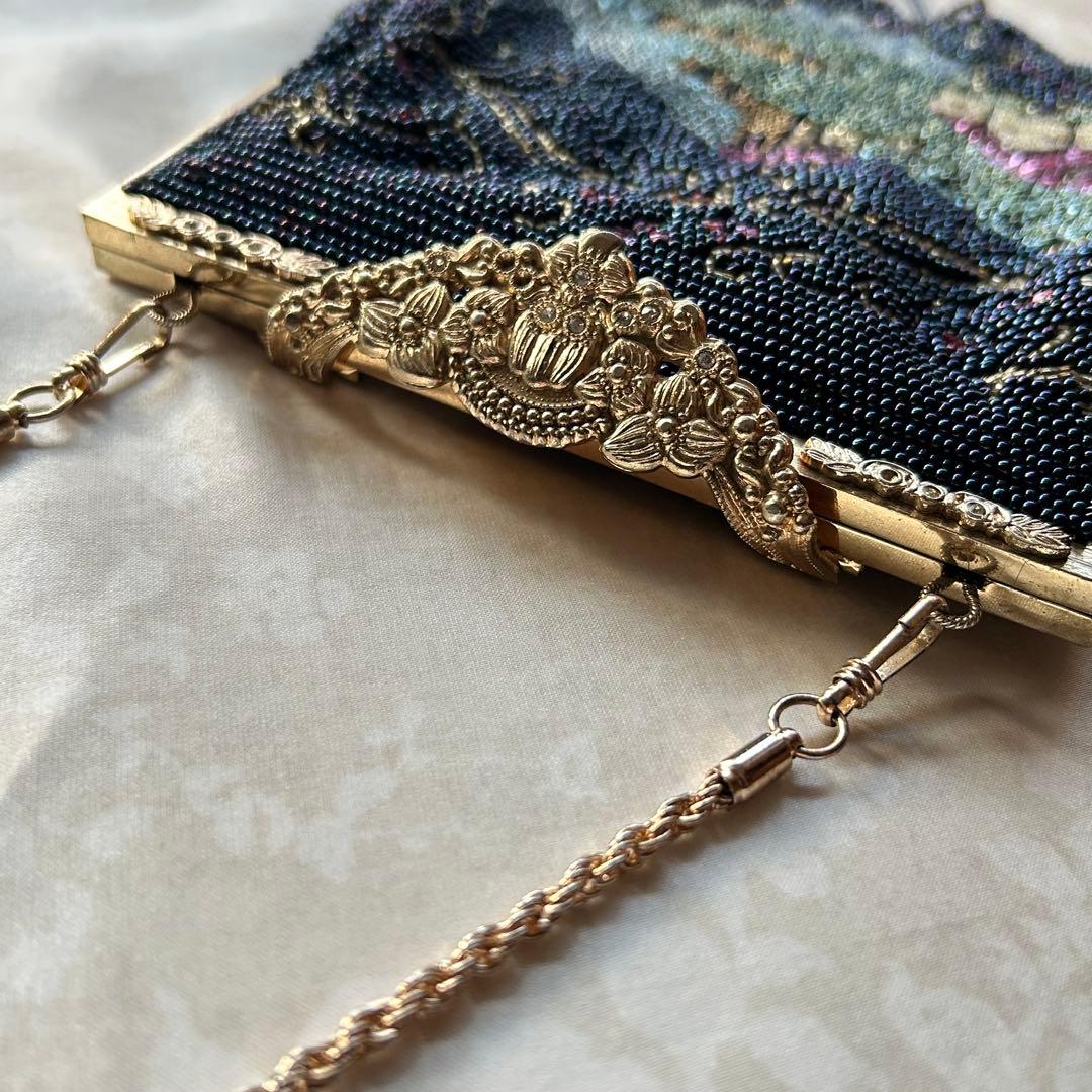 ビーズ刺繍 夜空　お城　ゴールドチェーンショルダーバッグ　フリンジ