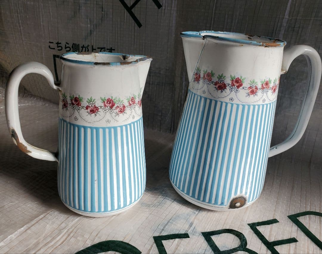 フランス　アンティーク　ホーロー　ジャグ　BB社　ローズガーランド　セット