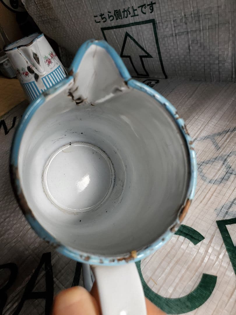 フランス　アンティーク　ホーロー　ジャグ　BB社　ローズガーランド　セット