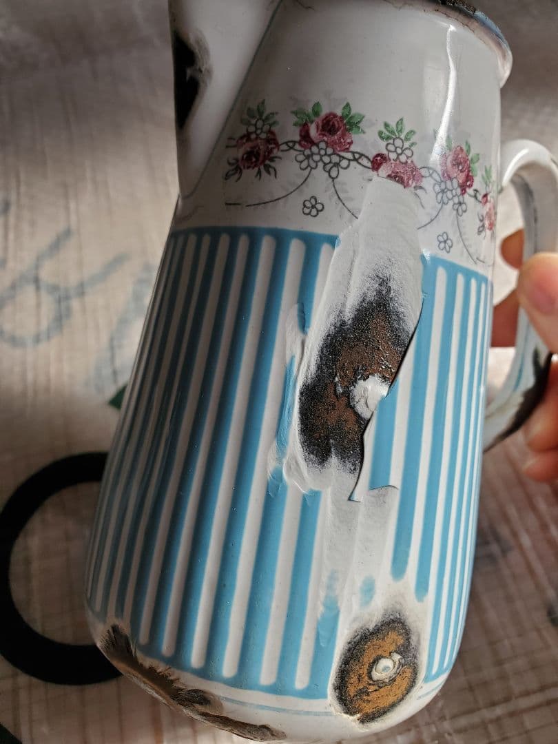 フランス　アンティーク　ホーロー　ジャグ　BB社　ローズガーランド　セット