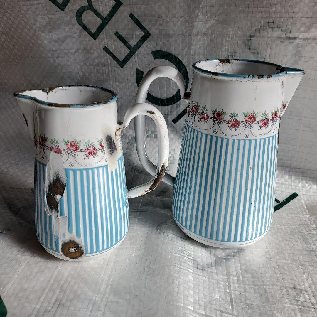 フランス　アンティーク　ホーロー　ジャグ　BB社　ローズガーランド　セット