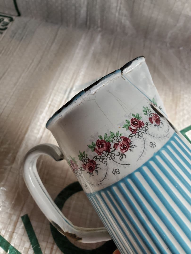 フランス　アンティーク　ホーロー　ジャグ　BB社　ローズガーランド　セット