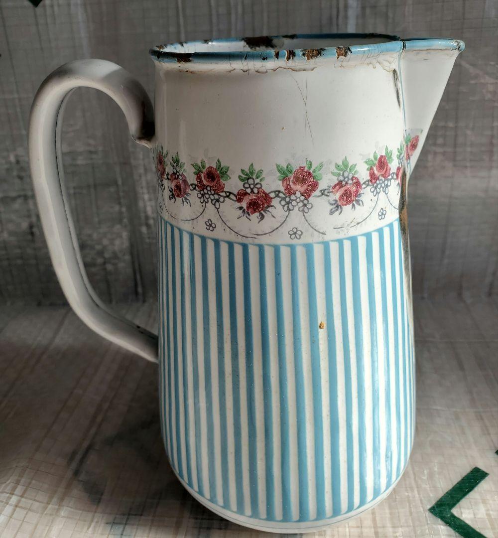 フランス　アンティーク　ホーロー　ジャグ　BB社　ローズガーランド　セット