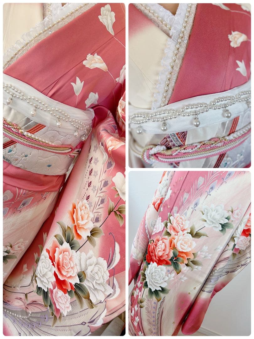 正絹振袖フルセット　豪華金彩　薔薇　パール姫　ピンク 花柄 振袖 絹