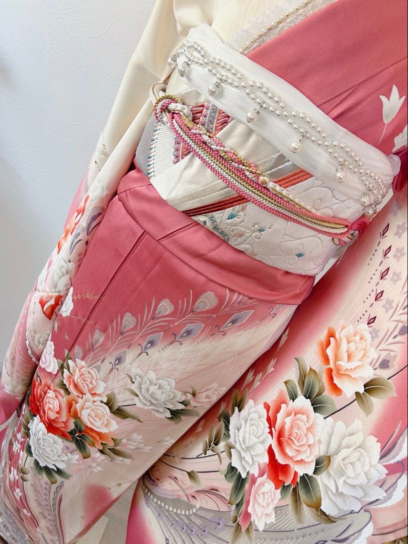 正絹振袖フルセット　豪華金彩　薔薇　パール姫　ピンク 花柄 振袖 絹