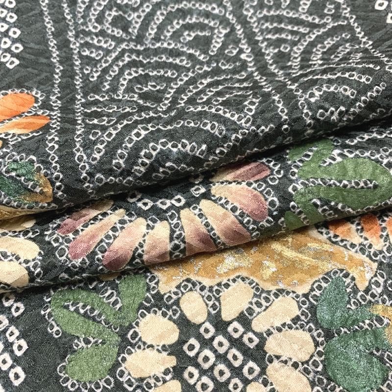 411z11〇総絞り 振袖 金彩 熨斗 菊 牡丹 深緑 オレンジ〇成人式 結婚式