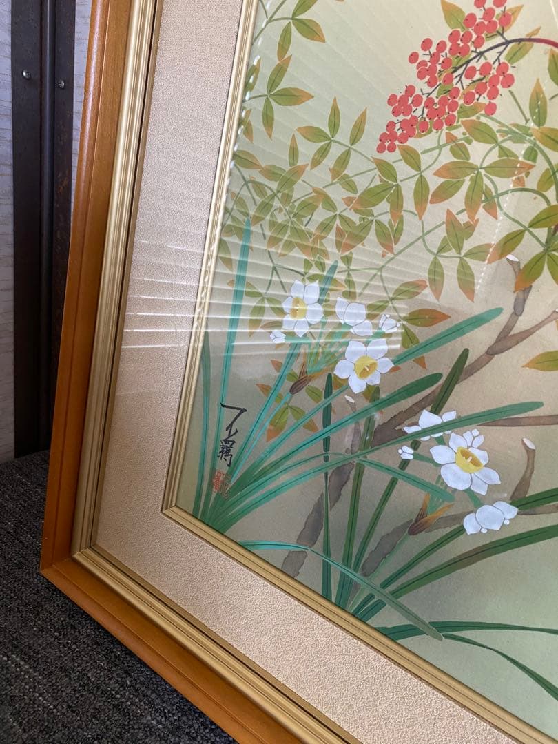 絹本　額縁　南天