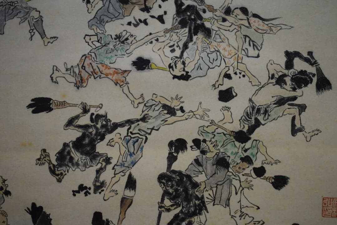 真作/竹霞庵主/畦鳳/墨戦争画賛/人物図/戯画/布袋屋掛軸HI-447