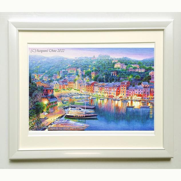ポルトフィーノ ヨーロッパ　地中海　夕景　風景画　イタリア　絵画　額縁　写実 海