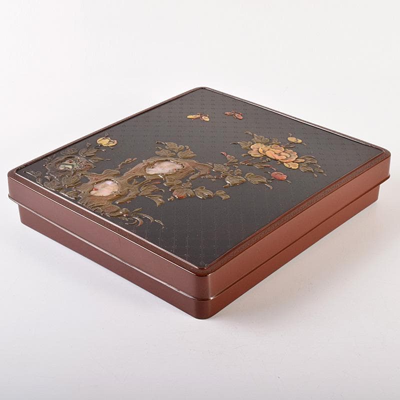 書道具　黒漆　玉石螺鈿装飾　花蝶文　硯箱　時代箱付　G　R7807