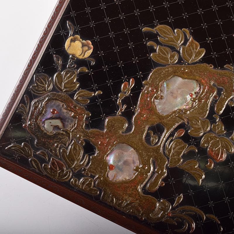 書道具　黒漆　玉石螺鈿装飾　花蝶文　硯箱　時代箱付　G　R7807