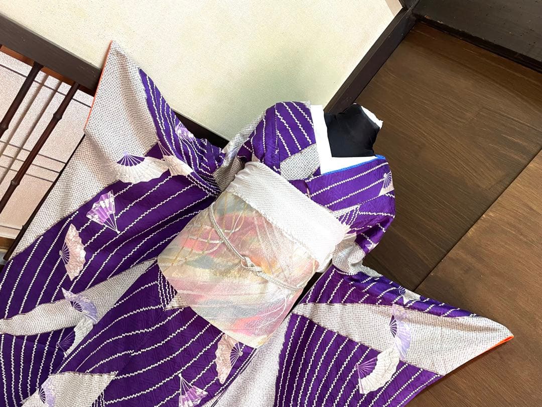 振袖フルセット6点サイズM〜Ｌ檜扇花文　鹿の子　金彩　正絹