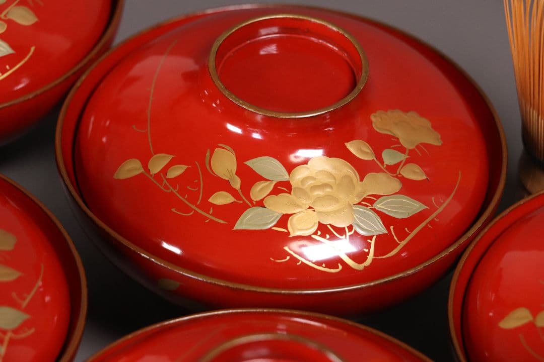 漆芸 明治大正 時代蒔絵椀 五客 天然木 草花 朱塗 金蒔絵【MA358】