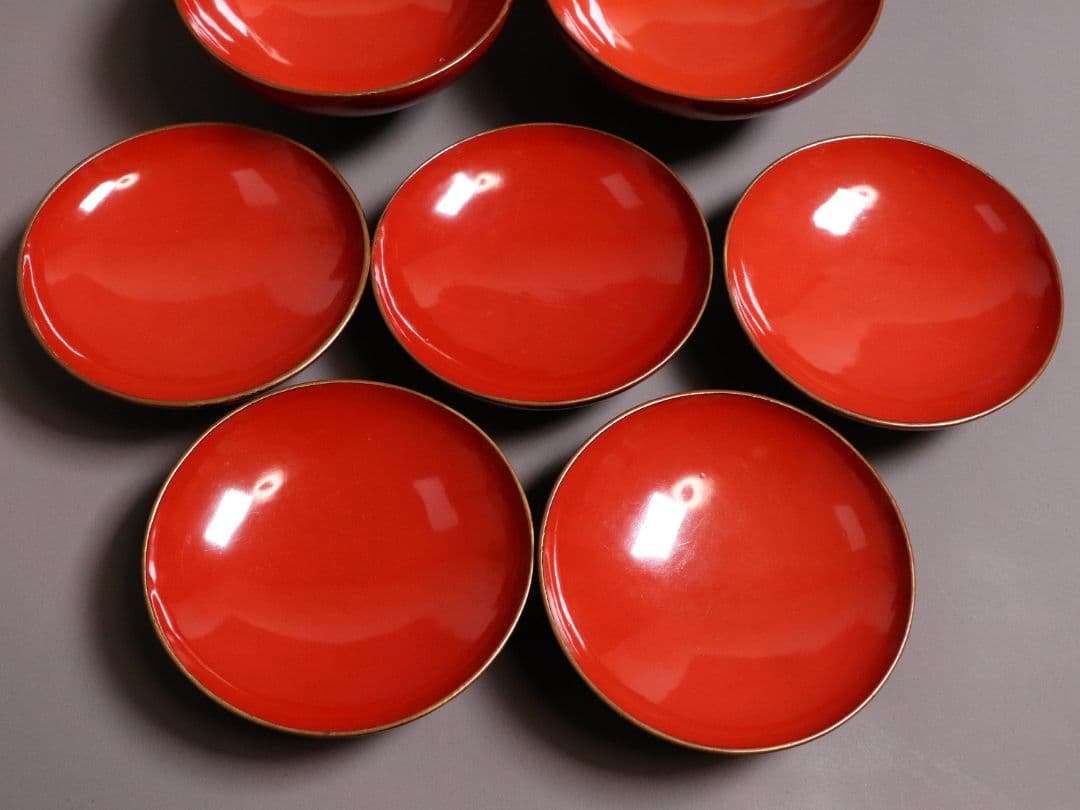 漆芸 明治大正 時代蒔絵椀 五客 天然木 草花 朱塗 金蒔絵【MA358】