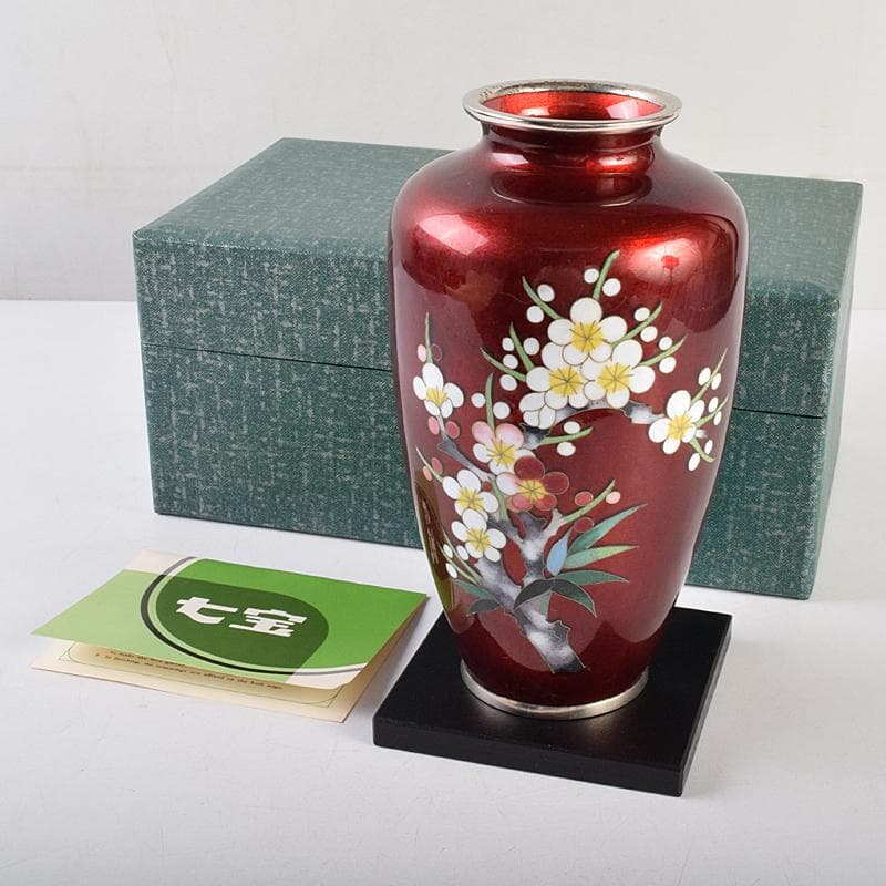 七宝焼　加藤七宝製作所　梅竹文　花瓶　台・箱付　M　R9494