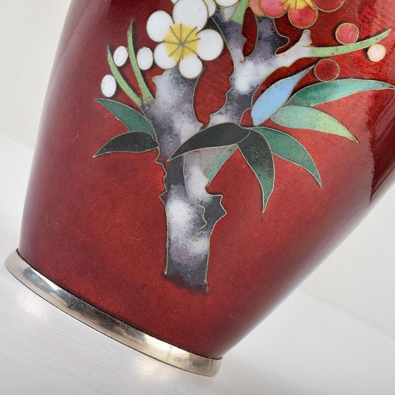 七宝焼　加藤七宝製作所　梅竹文　花瓶　台・箱付　M　R9494