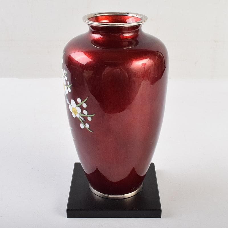 七宝焼　加藤七宝製作所　梅竹文　花瓶　台・箱付　M　R9494