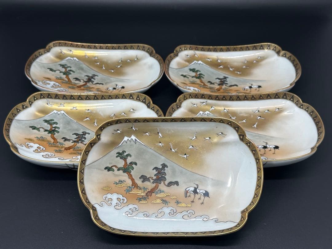 金彩 富士と松と鶴の絵柄 陶磁器 変形皿 5枚セット 明治期 九谷焼 友山製