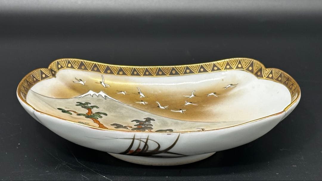 金彩 富士と松と鶴の絵柄 陶磁器 変形皿 5枚セット 明治期 九谷焼 友山製