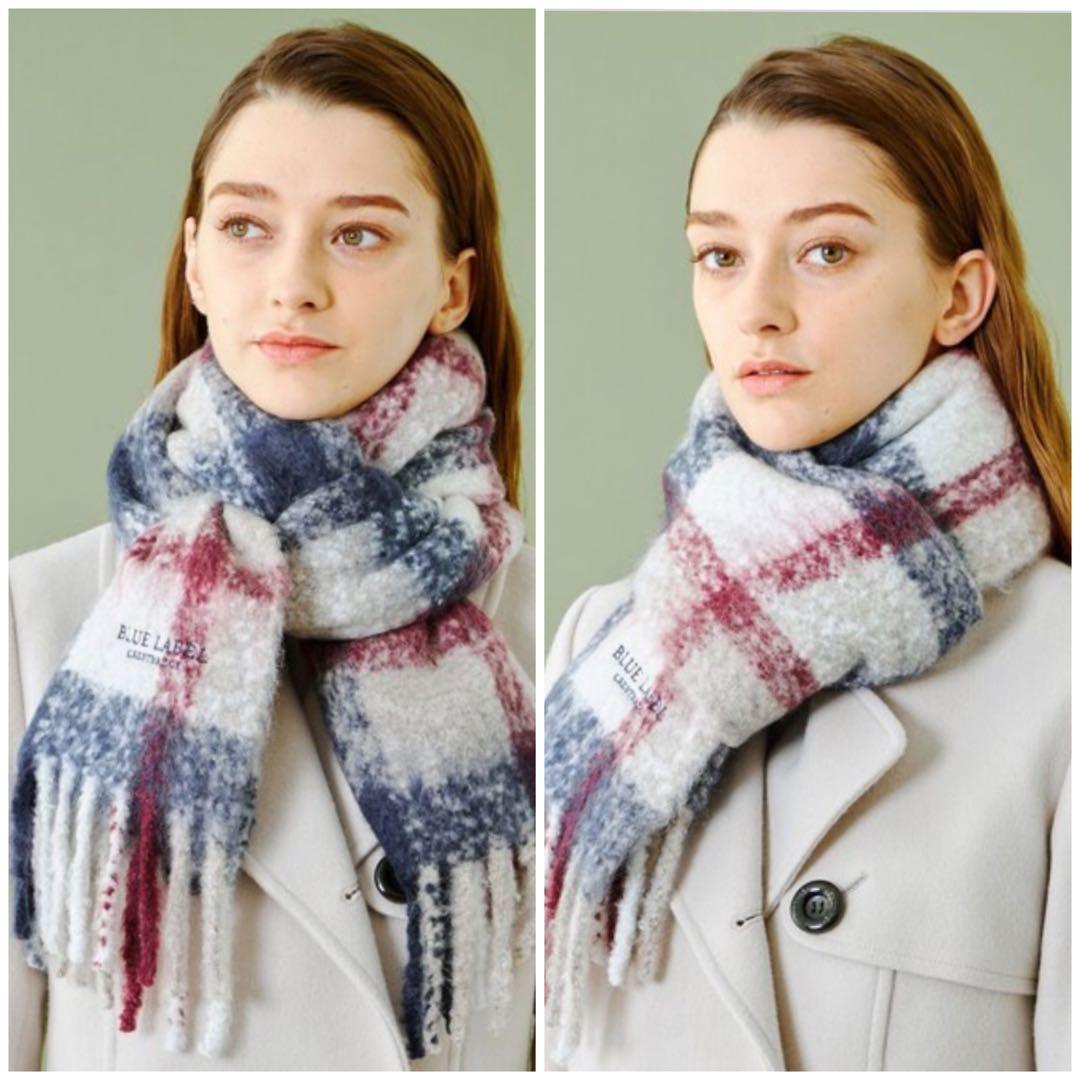 新品ブルーレーベル　ベージュクレストブリッジチェックボリュームマフラー　限定品