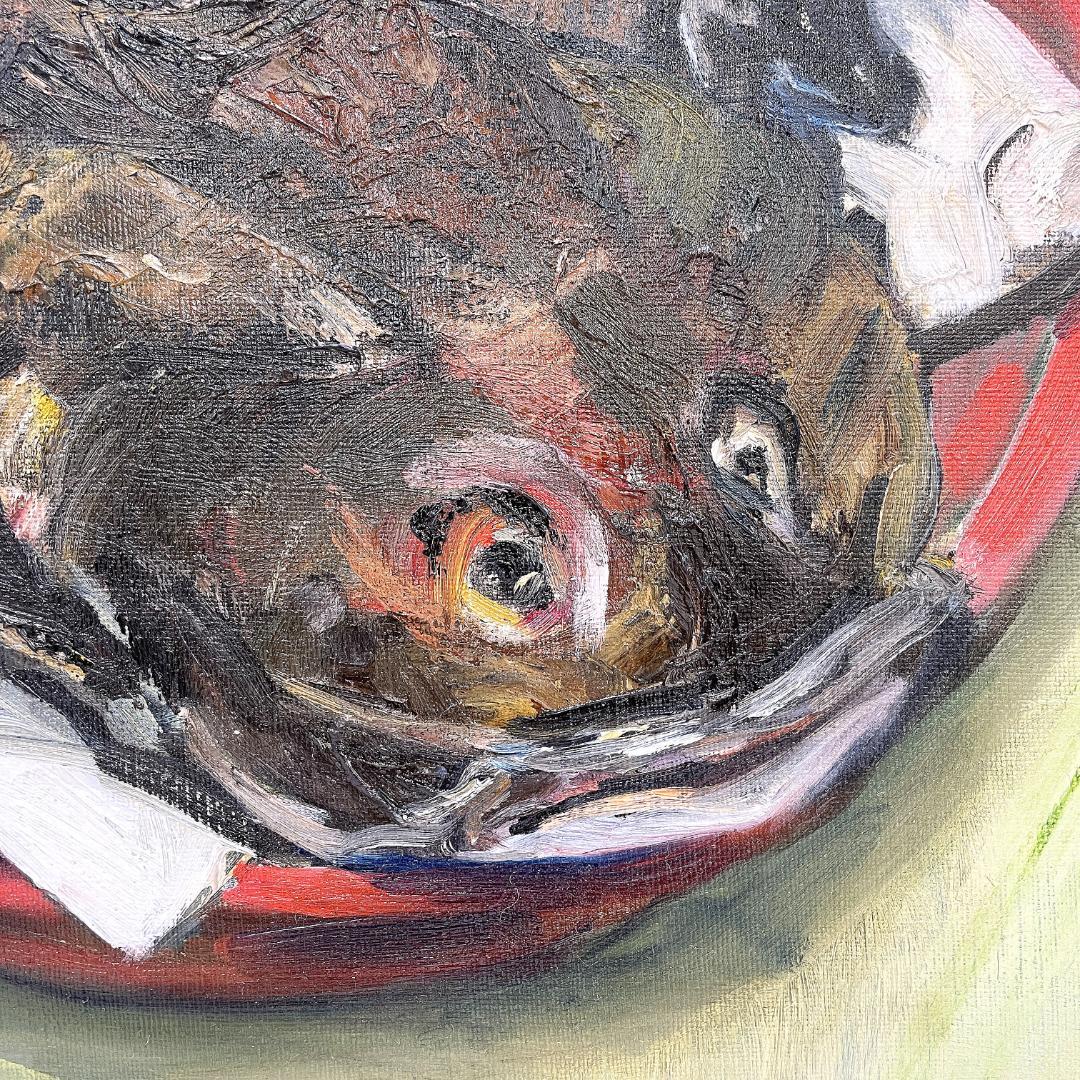 真作保証 河合キヨ子『アンコウのいる静物（不明）』直筆サイン入り 肉筆 油彩画