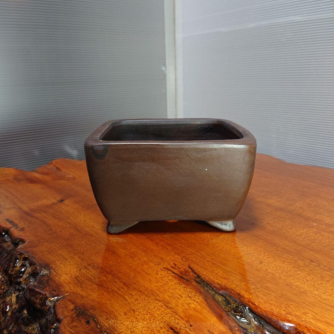 佳山 小型 四角形 陶器製 植木鉢 盆栽鉢 落款 常滑 Bonsai 濃茶色