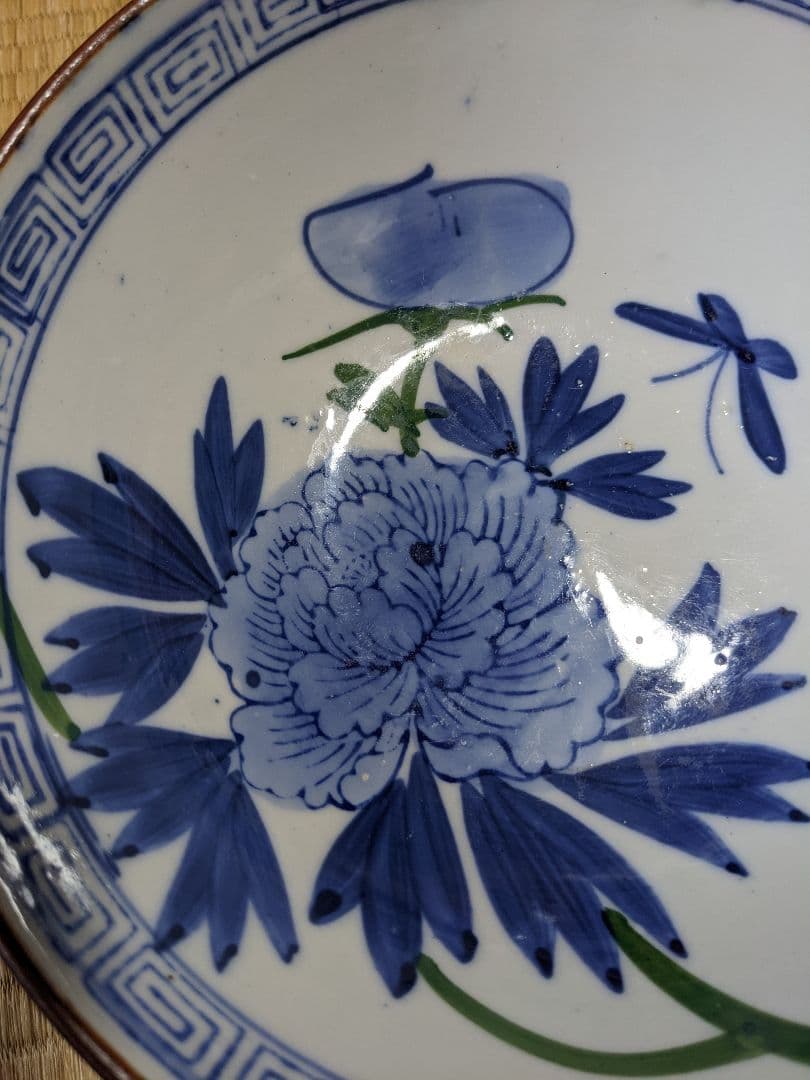 ♦明治時代 古伊万里 染付 蜻蛉 牡丹紋様 ７寸鉢アンティーク骨董品コレクション