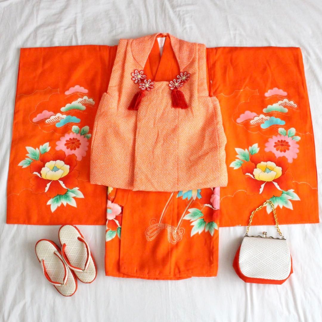 七五三 3歳 女の子 子供 オレンジ 着物 被布 セット