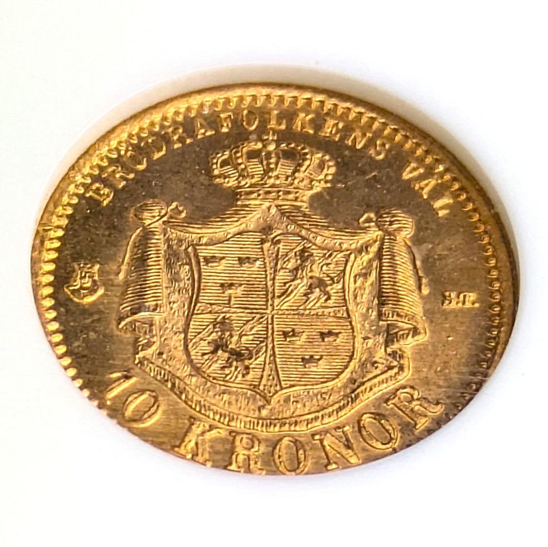 1874年 スウェーデン オスカル2 10クローネ金貨 NGC MS65 金上昇