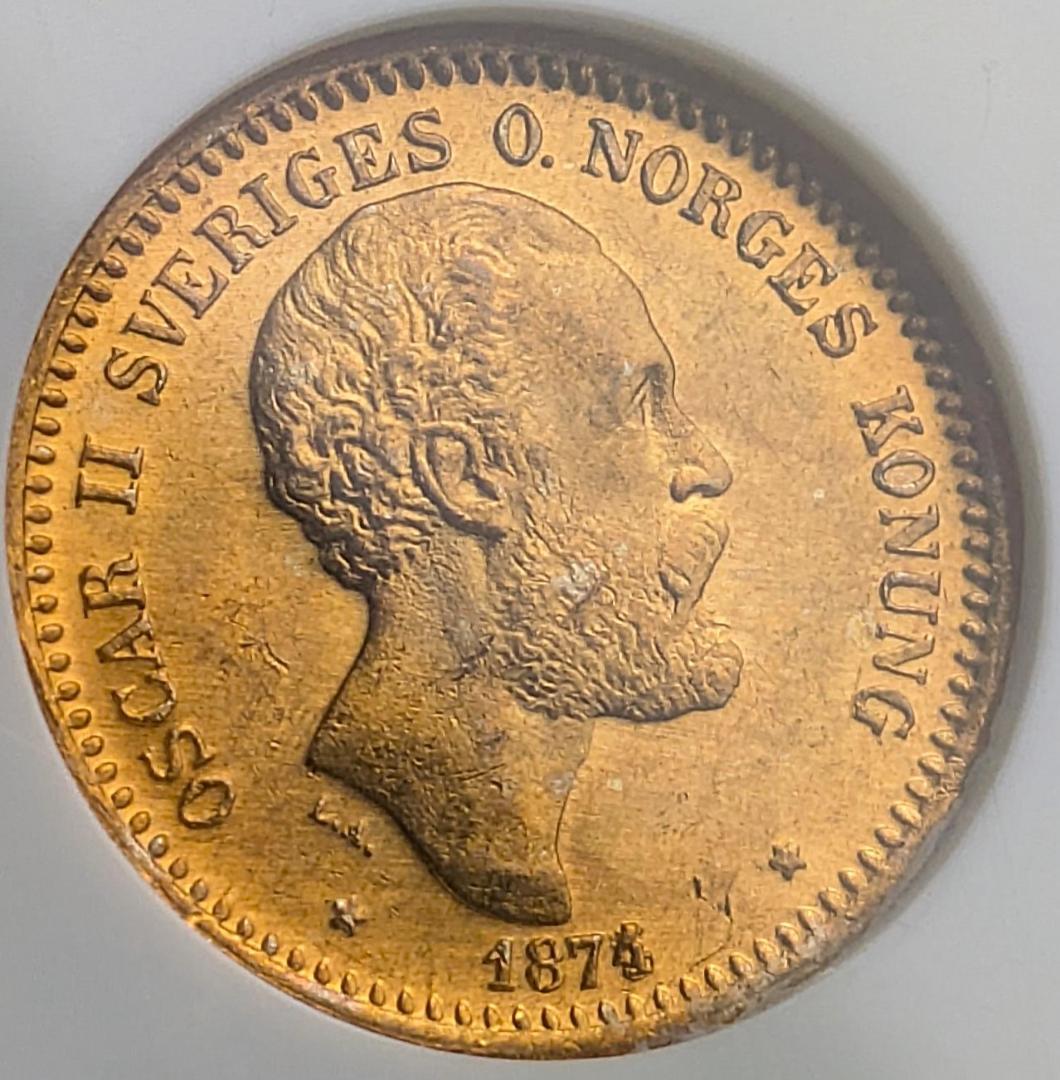 1874年 スウェーデン オスカル2 10クローネ金貨 NGC MS65 金上昇