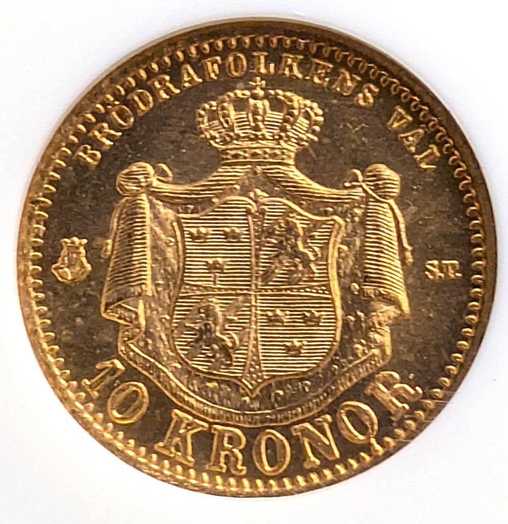 1874年 スウェーデン オスカル2 10クローネ金貨 NGC MS65 金上昇