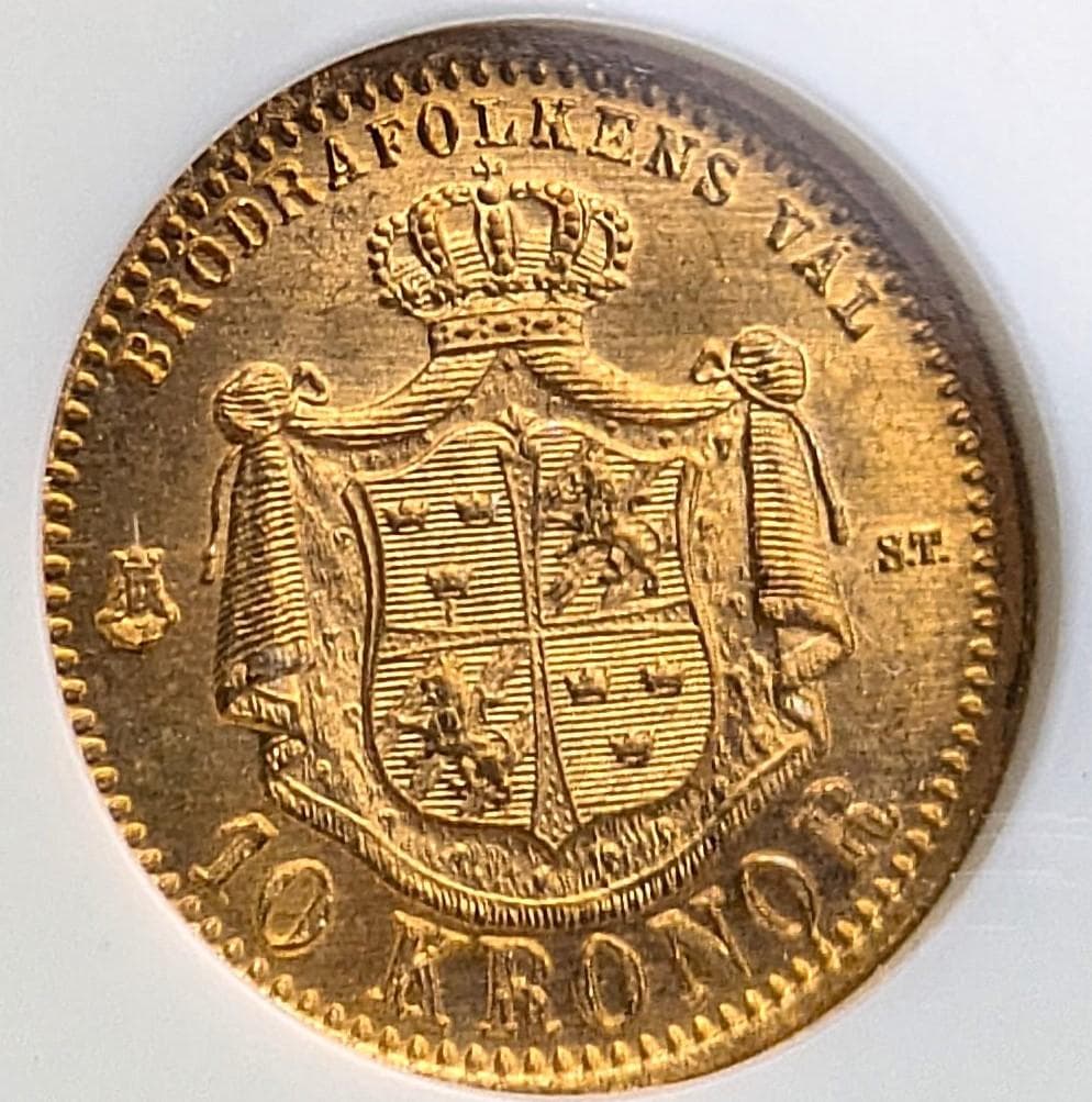 1874年 スウェーデン オスカル2 10クローネ金貨 NGC MS65 金上昇